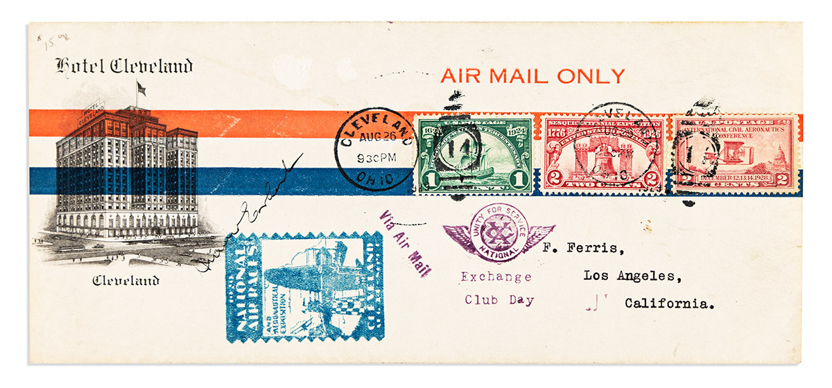 (AVIATORS.) EARHART, AMELIA. Signature on Hotel Cleveland airmail cover.